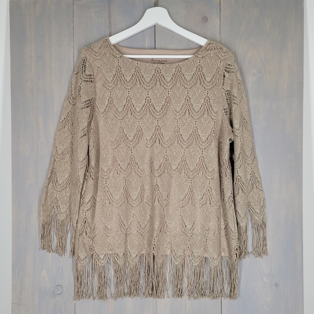 Chico's Crochet Fringe Top Women Size 2 Gold Metallic Lined Boho Evening